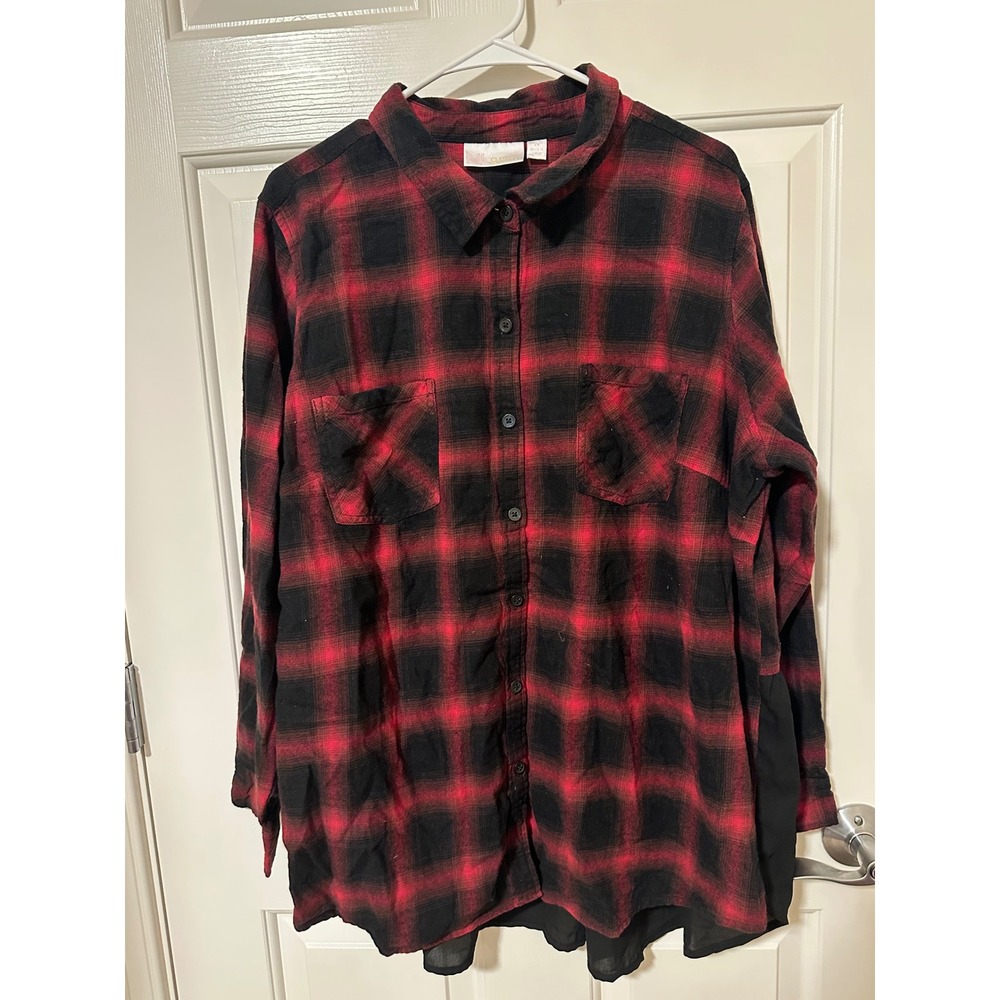 Belle by Kim Gravel Button Down Shirt Womens 2X Red Black Plaid Chiffon Peplum